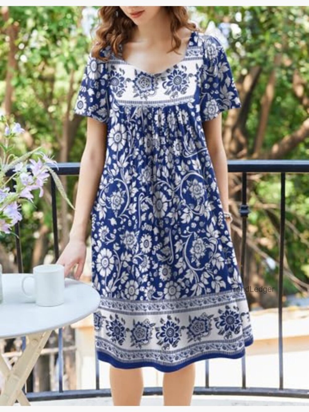 Women's House Dress - Pleated Nightgown with Pockets, V-Neck, Short Sleeves - Picture 2 of 6